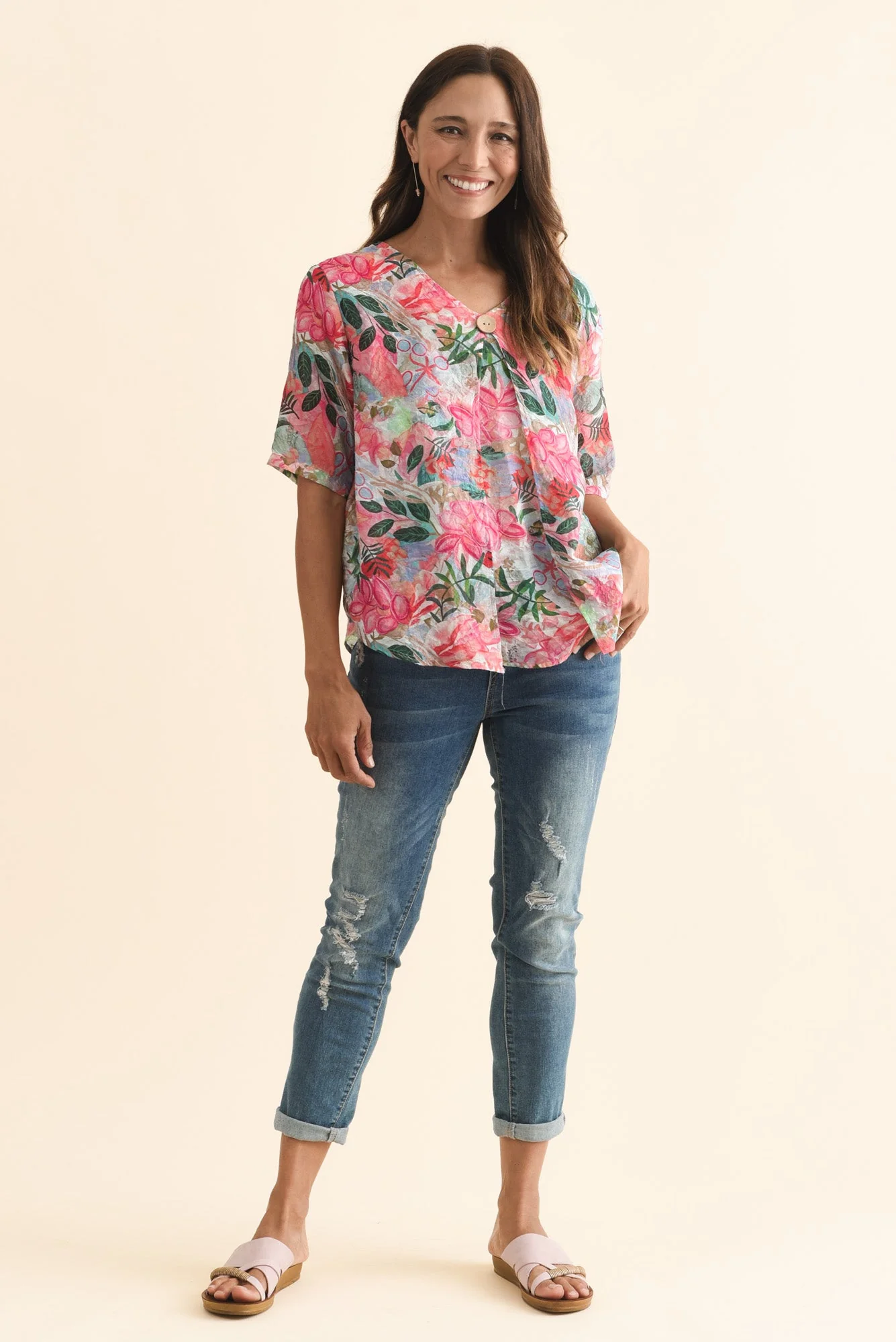 Yasmin Pink Floral Layered Button Top - Image 6