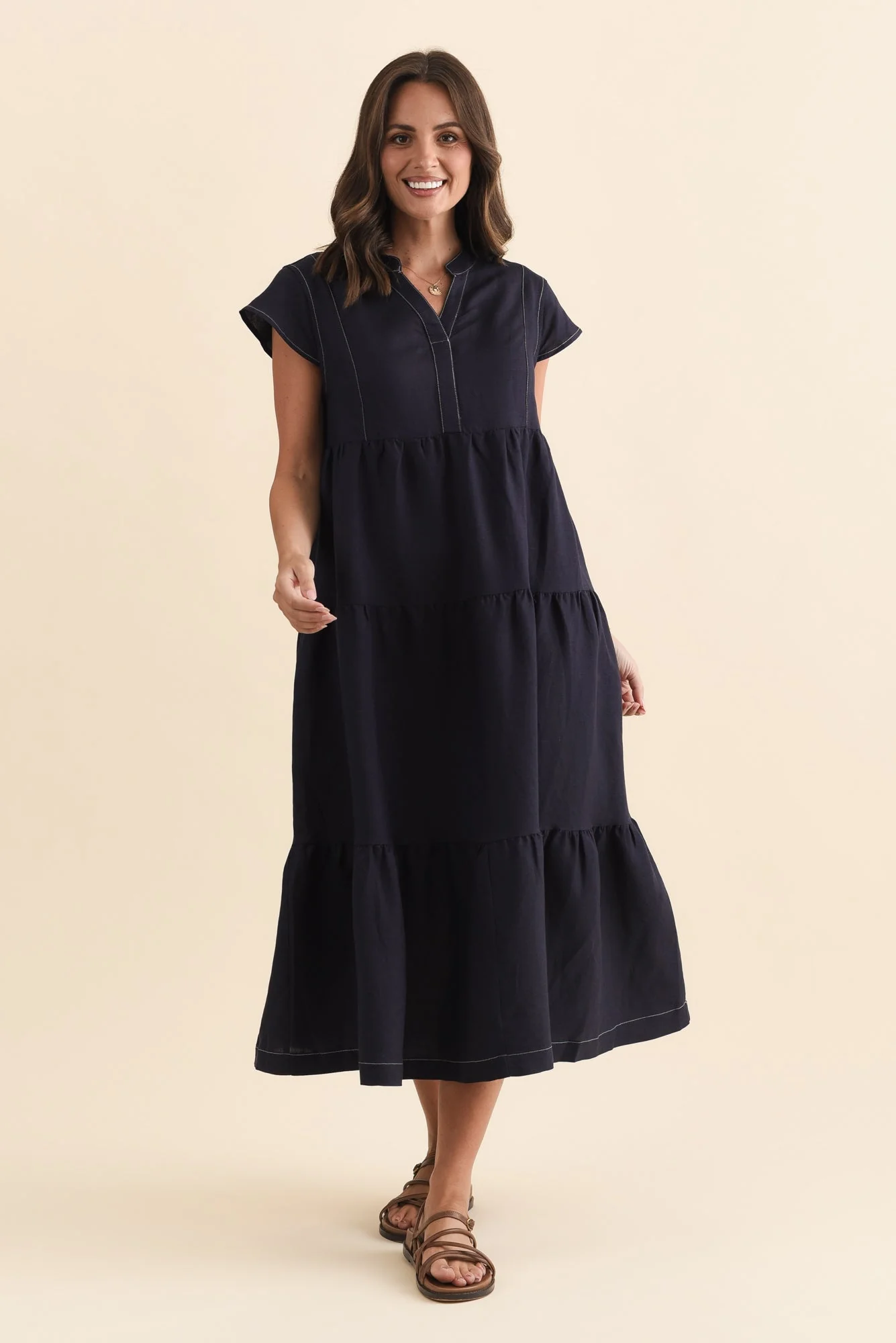 Yvette Navy Contrast Linen Blend Dress - Image 2