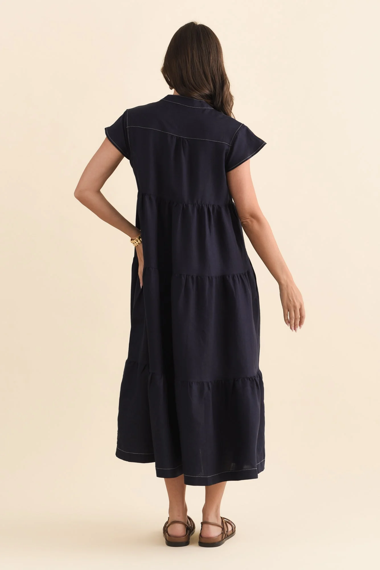 Yvette Navy Contrast Linen Blend Dress - Image 5