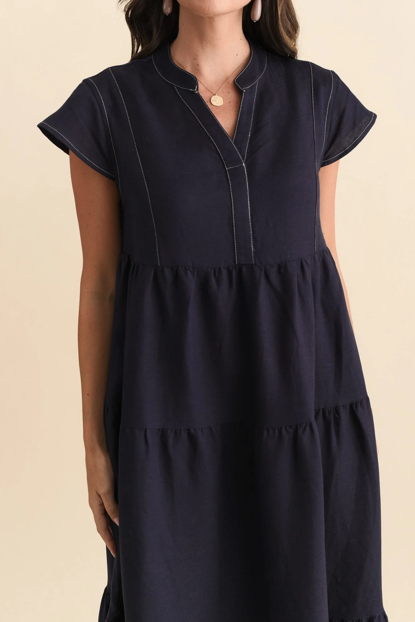 Yvette Navy Contrast Linen Blend Dress - Image 6