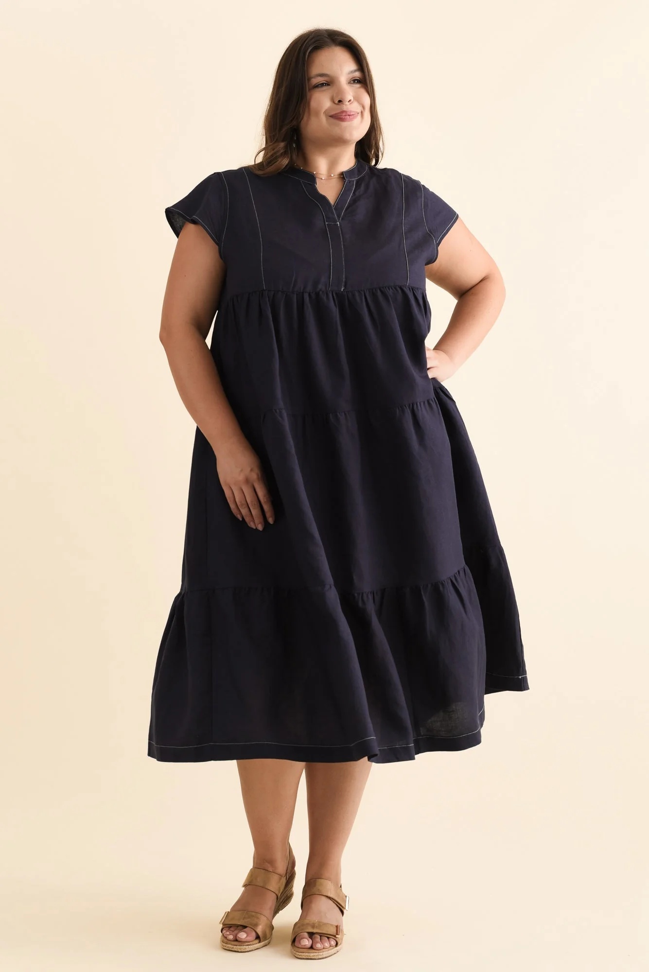 Yvette Navy Contrast Linen Blend Dress - Image 8