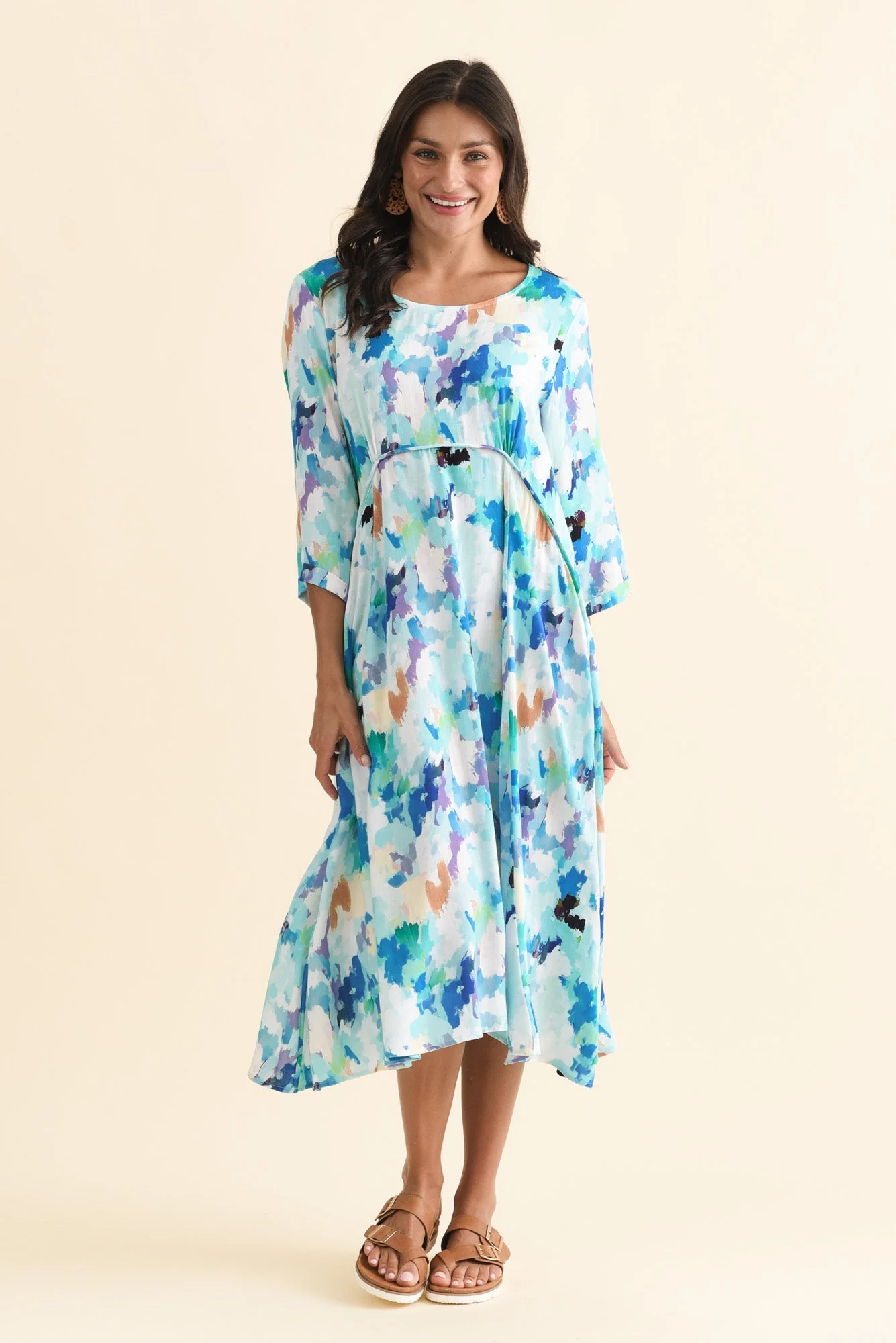 Zaelia Blue Watercolor Sleeved Crescent Dress - Image 2