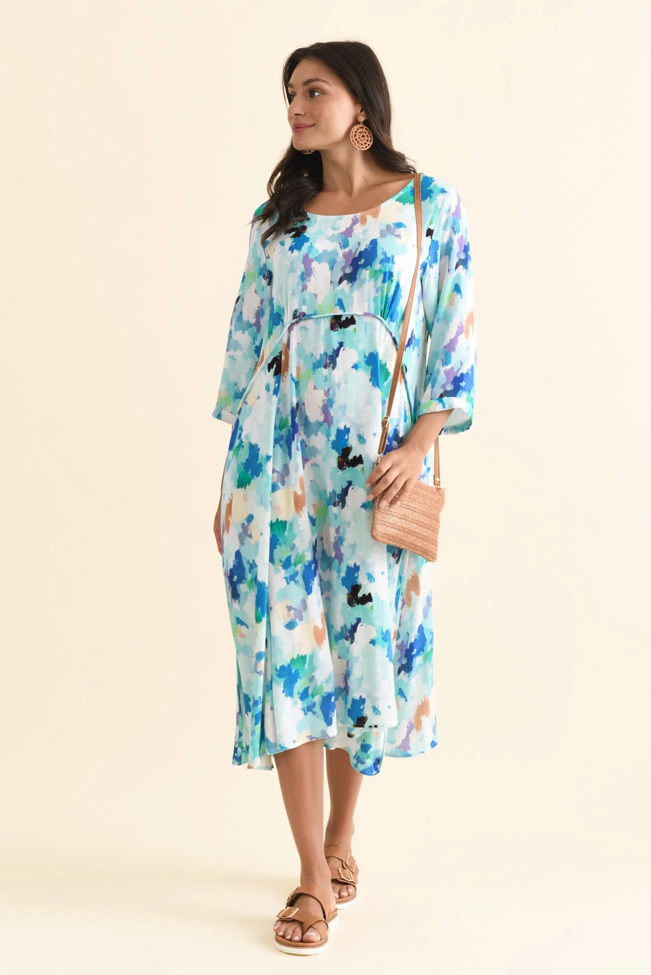Zaelia Blue Watercolor Sleeved Crescent Dress - Image 3