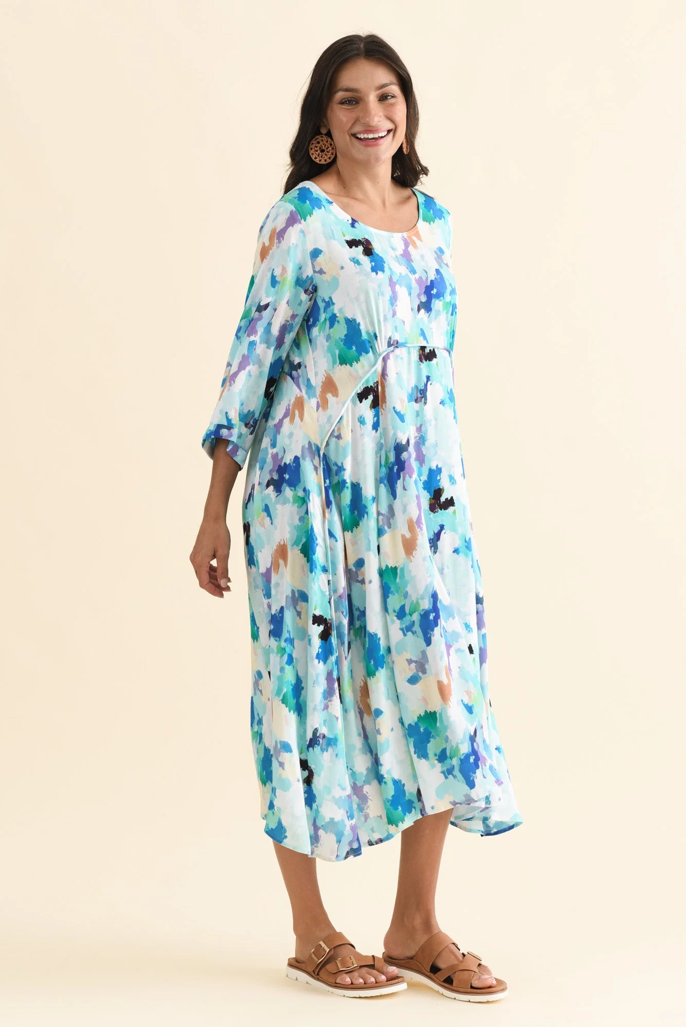 Zaelia Blue Watercolor Sleeved Crescent Dress - Image 5