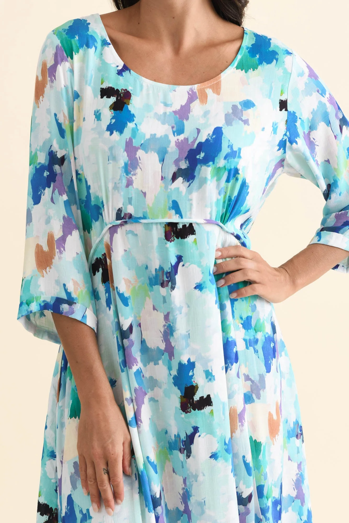Zaelia Blue Watercolor Sleeved Crescent Dress - Image 6