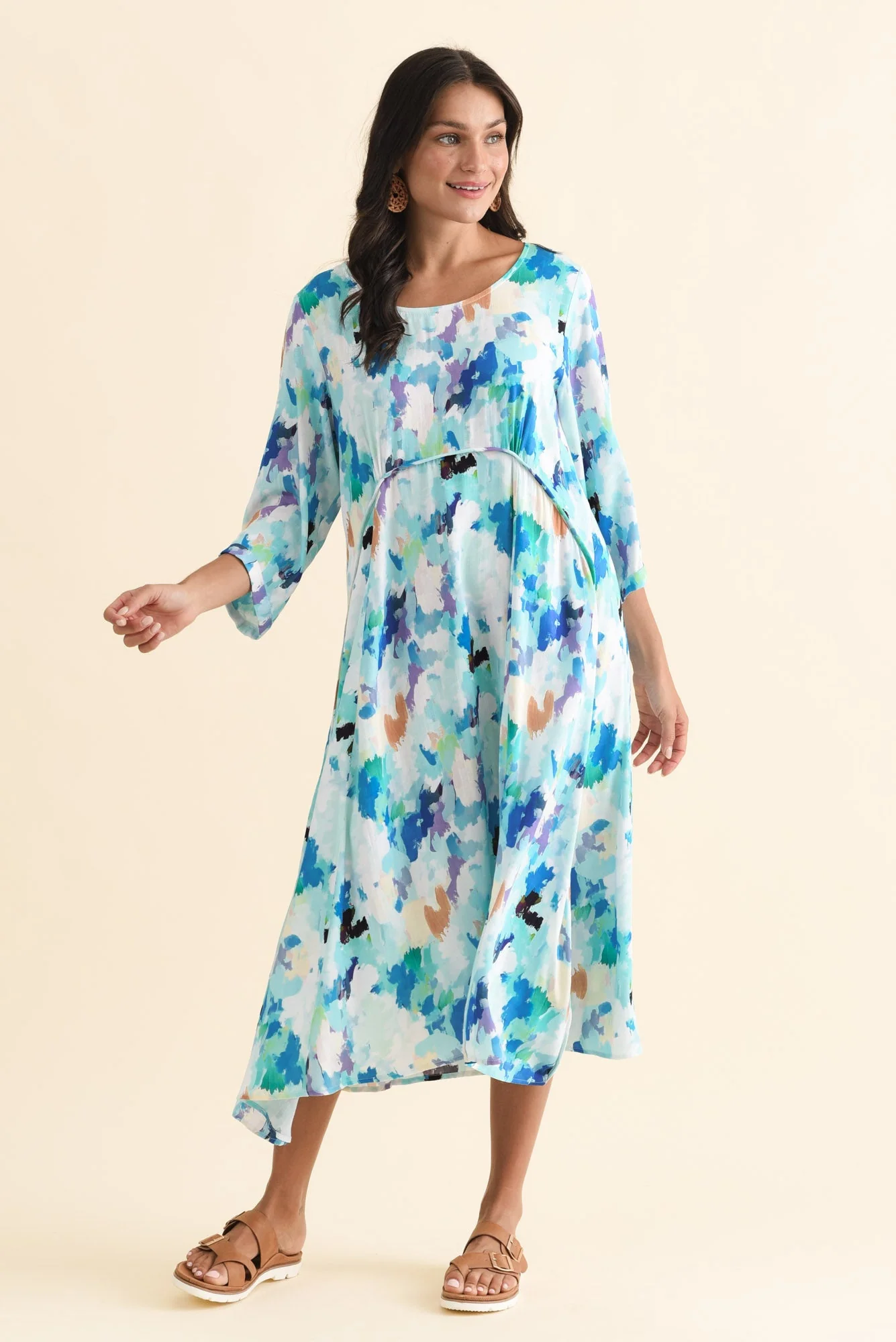 Zaelia Blue Watercolor Sleeved Crescent Dress - Image 7