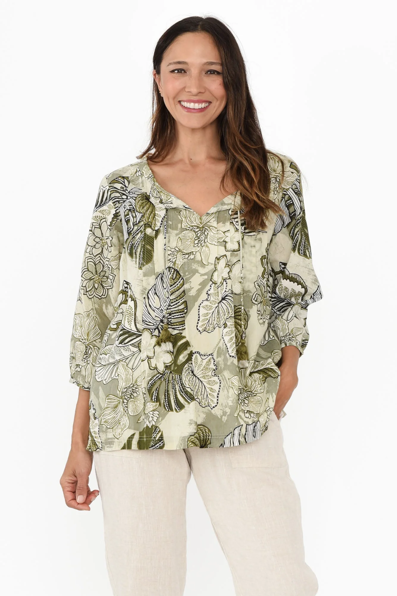 Zita Khaki Tropical Tassel Top - Image 2