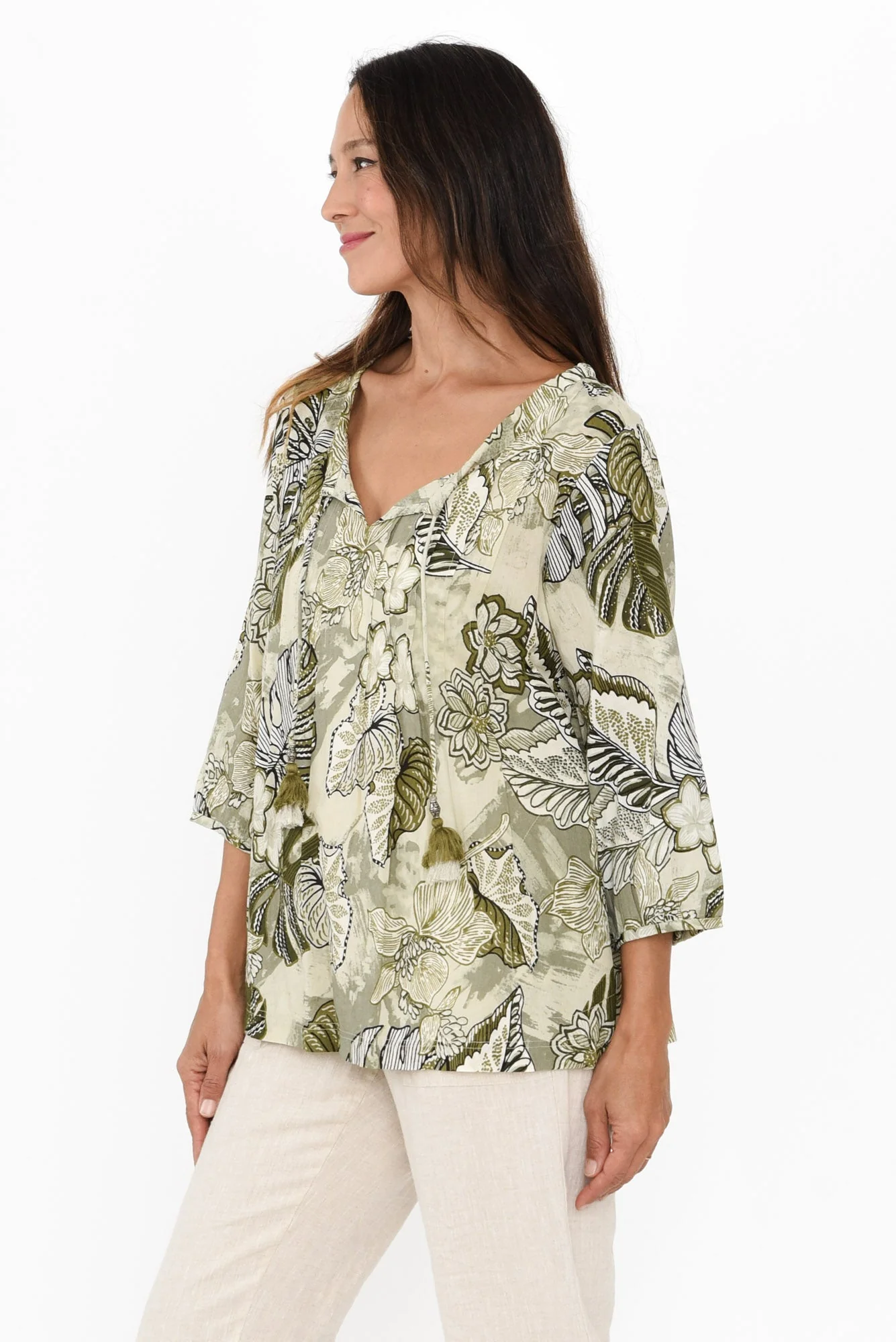 Zita Khaki Tropical Tassel Top - Image 4
